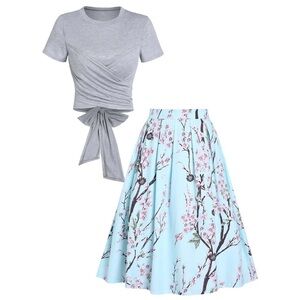 NWOT Camisa Gray Twist Front Bow Back Crewneck Top & Blue Floral MIDI Skirt XL